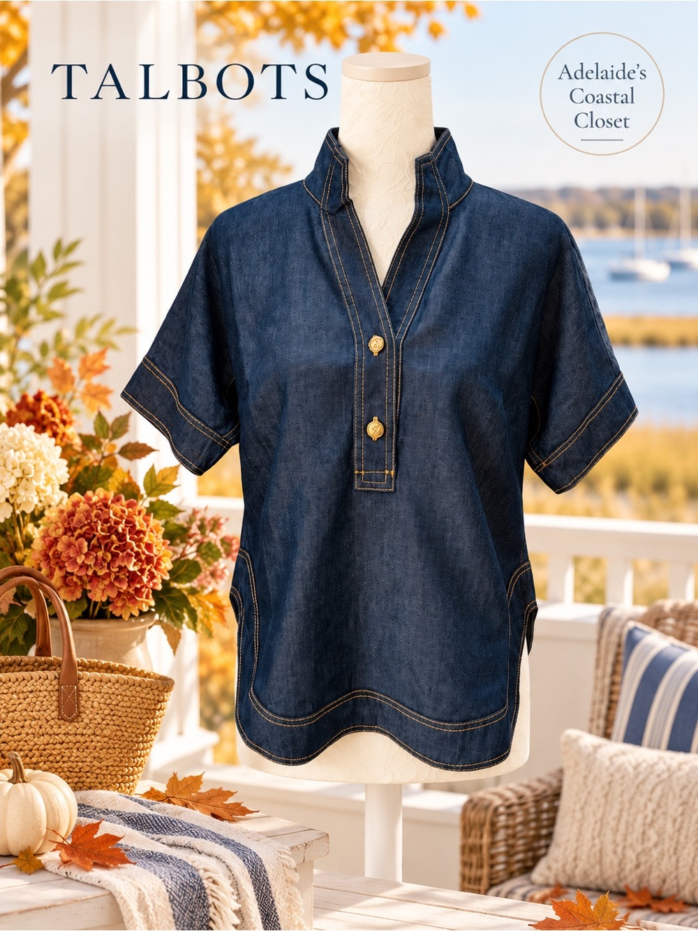 NWT Talbots Denim Split Neck Popover Tunic Top XS Lyocell